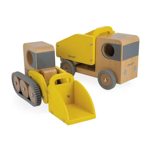 Janod - Camion Benne et Pelleteuse en Bois Massif Bolid - Roues Silencieuses - Imagination et Motricité Fine - Certifié FSC - Peinture à l'Eau - Dès 2 Ans